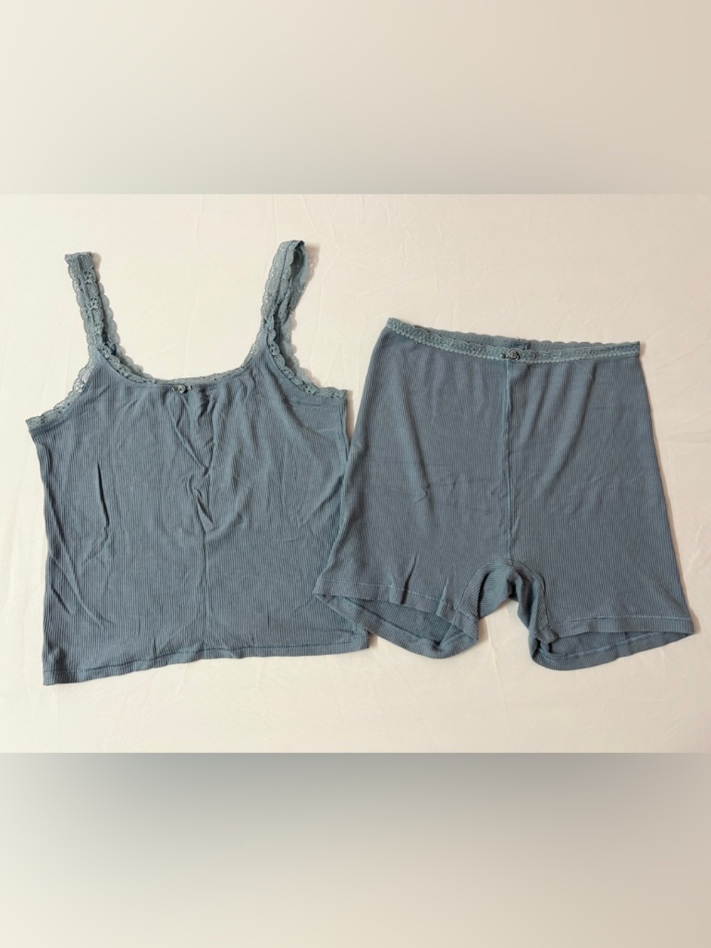 SKIMS Soft Lounge Ribbed Lace Scoop Tank Top + Shorts Short Set Arctic Blue